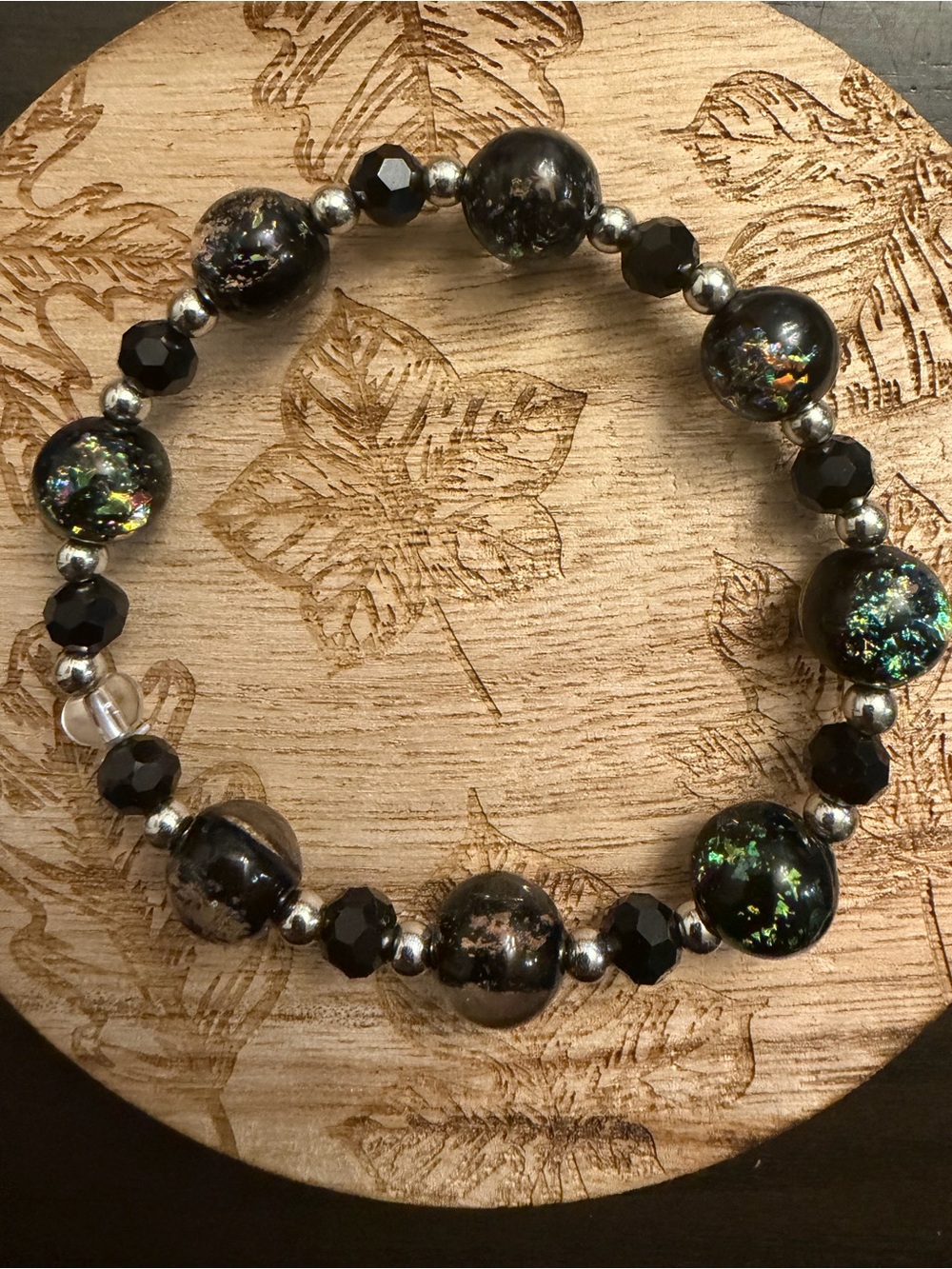 Black Iridescent Glass Bead Stretch Bracelet - Women's Jewelry